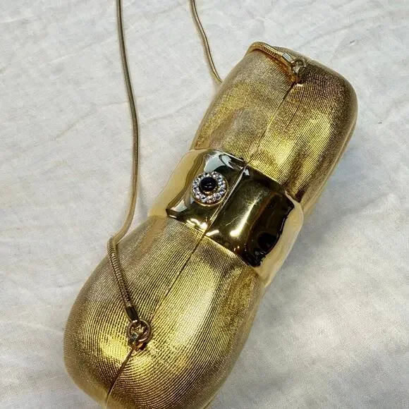 Vintage Saks Fifth Avenue Italy Bow Clamshell Gold Clutch Evening Bag - Picture 7 of 11